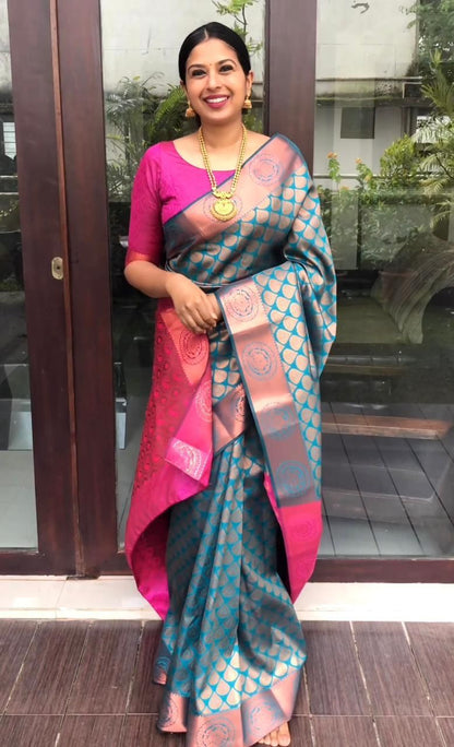 Sky Blue Pink Soft Silk Saree