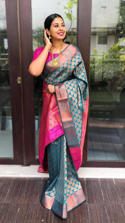 Sky Blue Pink Soft Silk Saree