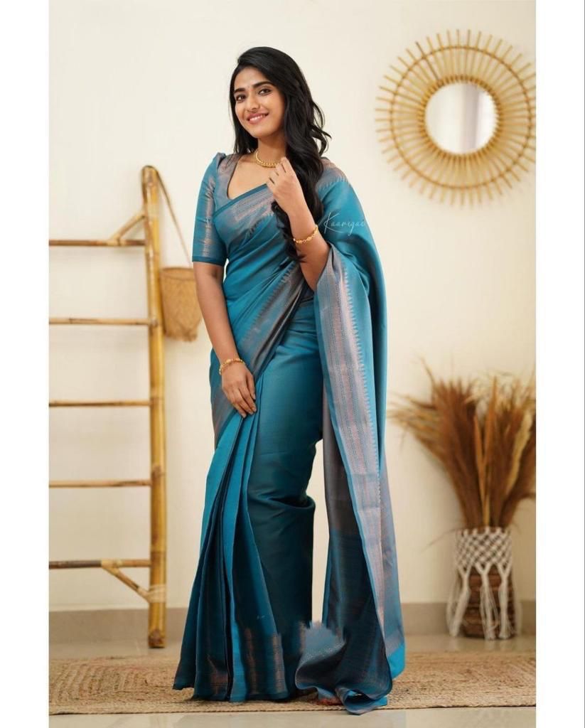 Latest Rama Blue Color Jaquard Border Soft Lichi Silk Saree