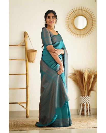 Latest Rama Blue Color Jaquard Border Soft Lichi Silk Saree