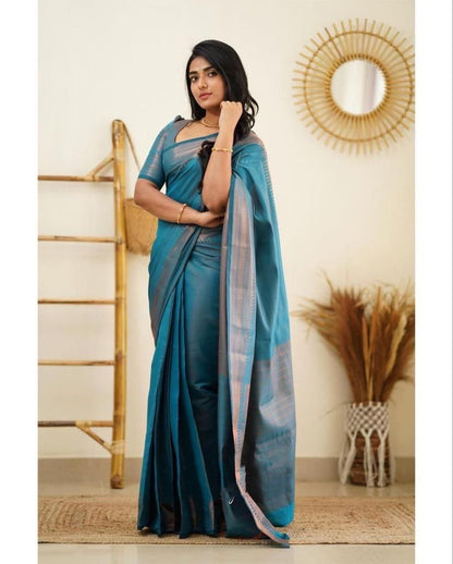 Latest Rama Blue Color Jaquard Border Soft Lichi Silk Saree