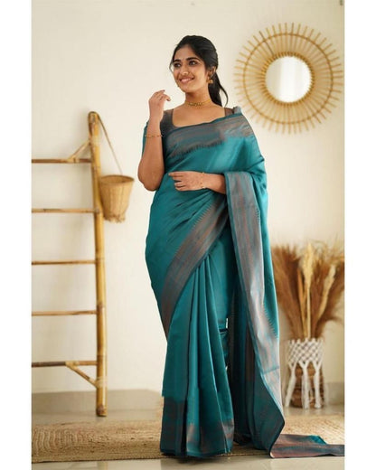 Latest Rama Blue Color Jaquard Border Soft Lichi Silk Saree