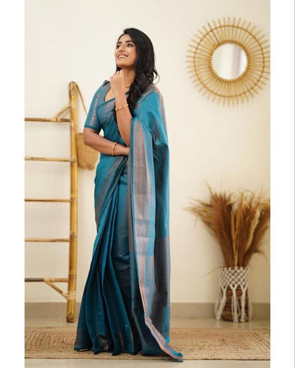 Latest Rama Blue Color Jaquard Border Soft Lichi Silk Saree