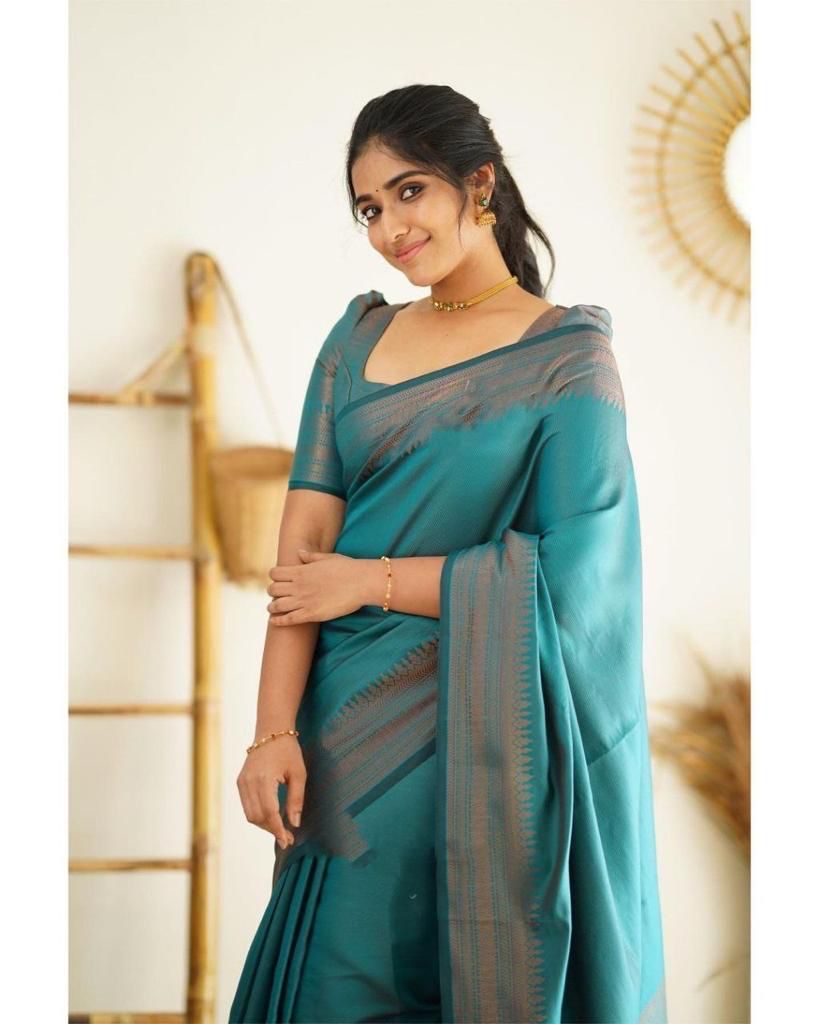 Latest Rama Blue Color Jaquard Border Soft Lichi Silk Saree