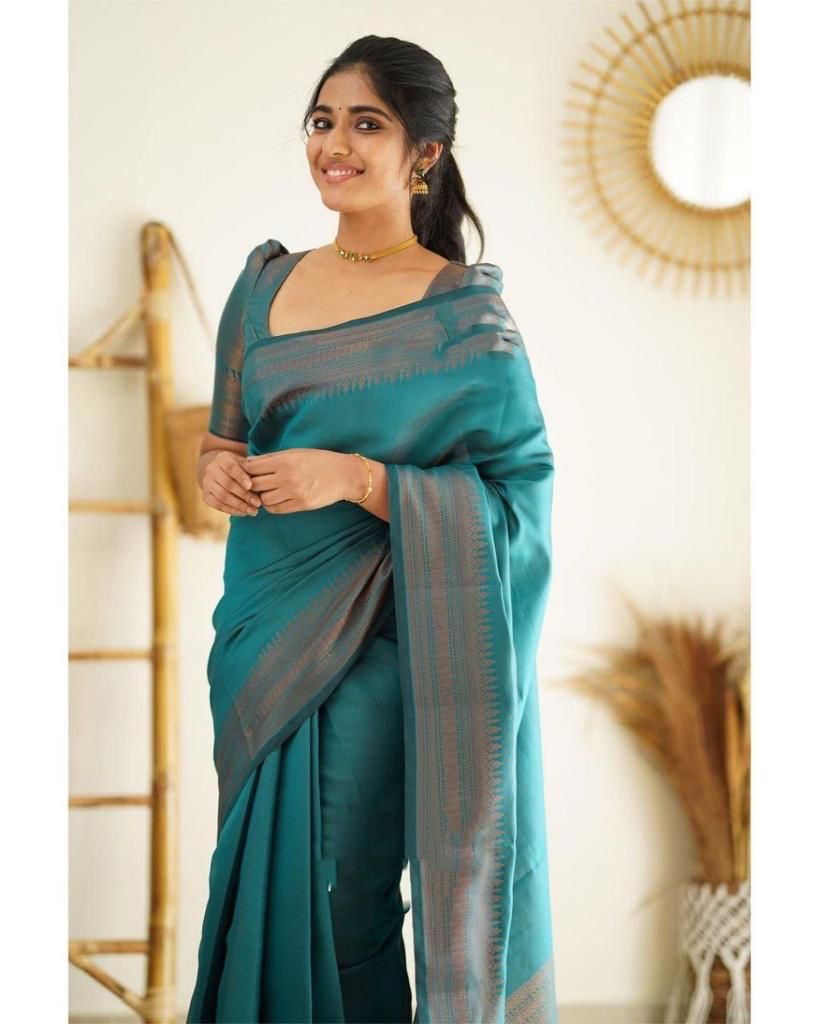 Latest Rama Blue Color Jaquard Border Soft Lichi Silk Saree