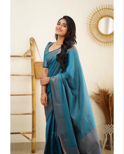 Latest Rama Blue Color Jaquard Border Soft Lichi Silk Saree