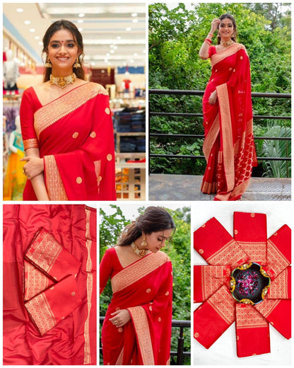 Neon Red Silk Saree With Weaving Work