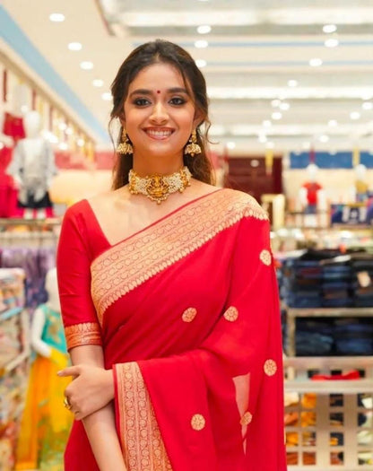 Neon Red Silk Saree With Weaving Work