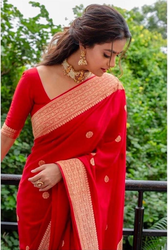 Neon Red Silk Saree With Weaving Work