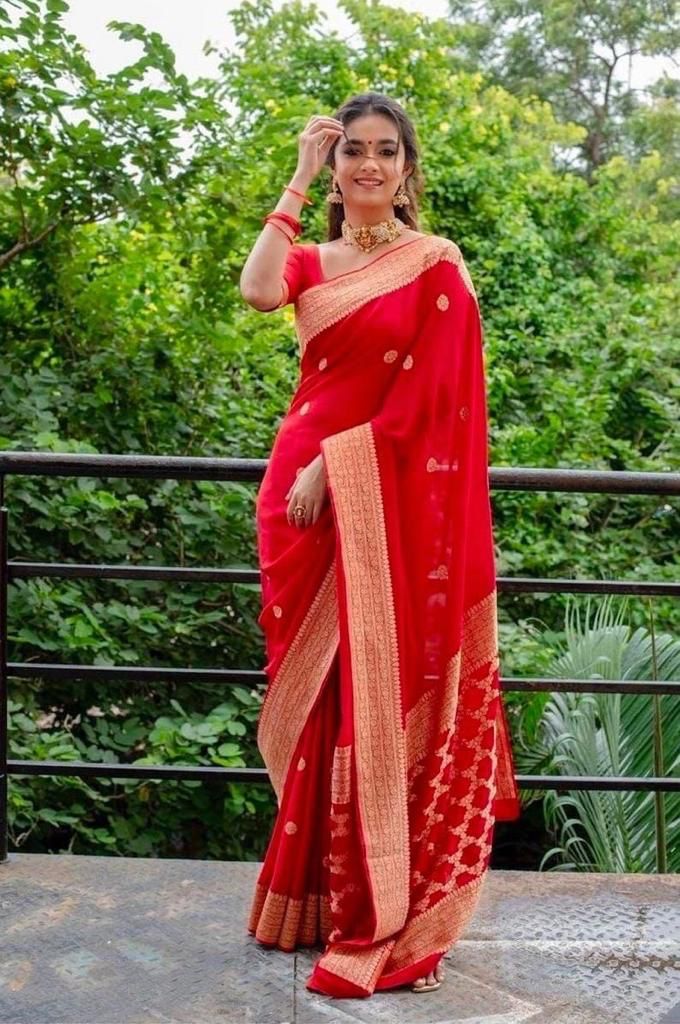 Neon Red Silk Saree With Weaving Work