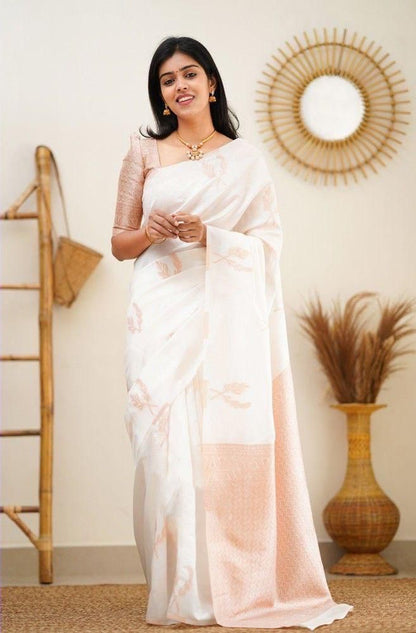 White Soft Silk With Jaquard Border & Weaving Saree