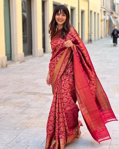 Red Banarasi Silk Saree With Zari Weaving Work