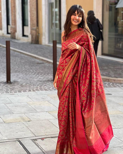 Red Banarasi Silk Saree With Zari Weaving Work