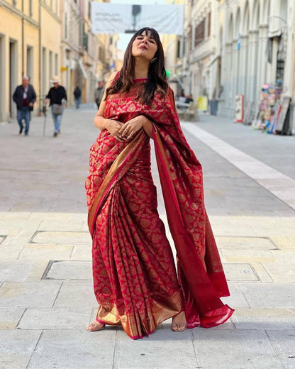 Red Banarasi Silk Saree With Zari Weaving Work