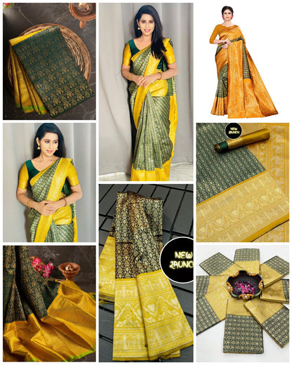 Yellow And Green Colour Soft Silk Saree With Blouse