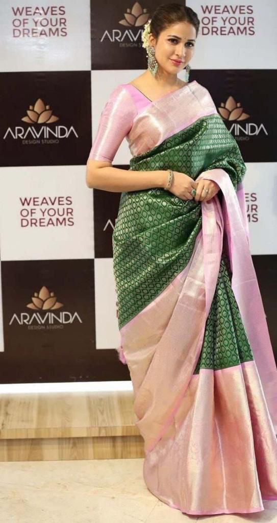 Purple Green Kanjivaram Saree With Weaving Work