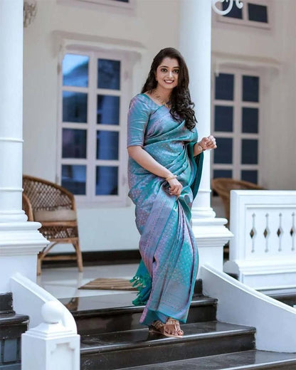 Sky Blue Colour Soft Lichi Silk Saree With Rich Pallu