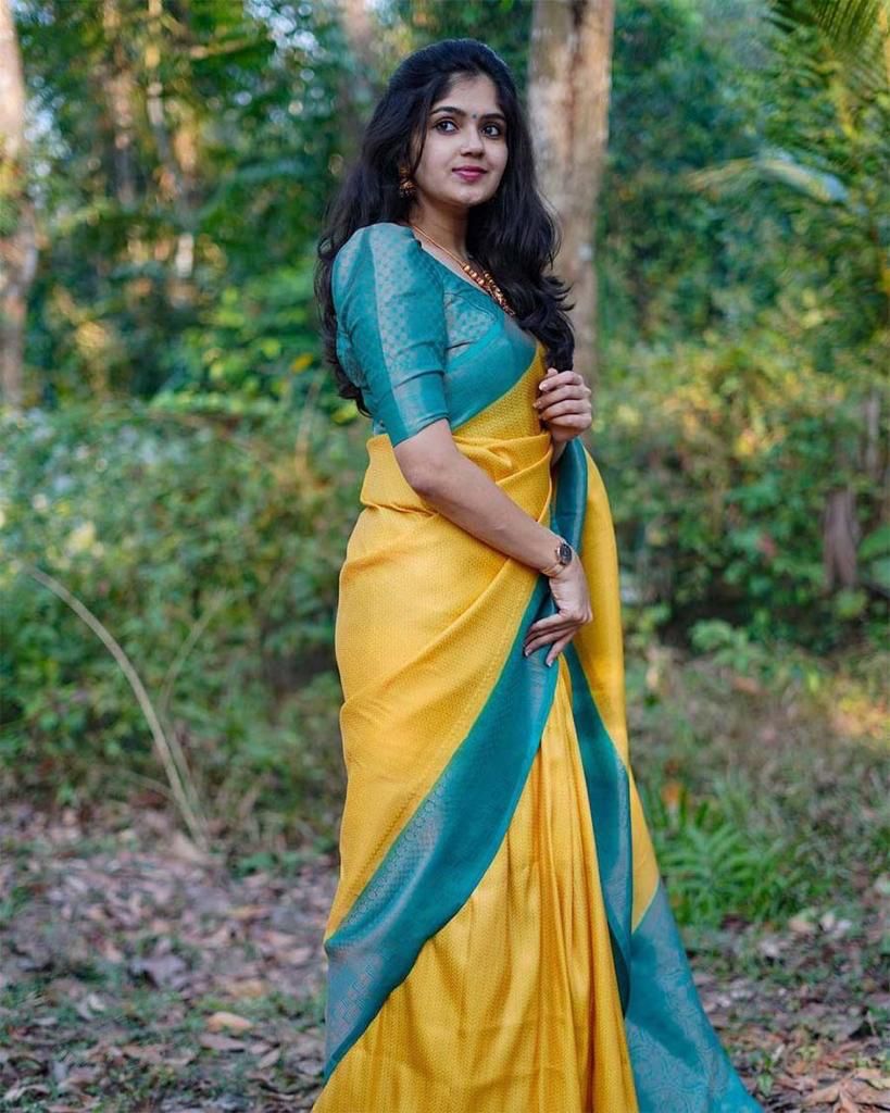 Yellow Sky Blue Soft Lichi Silk Saree With Rich Pallu