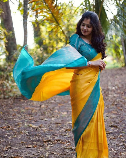 Yellow Sky Blue Soft Lichi Silk Saree With Rich Pallu