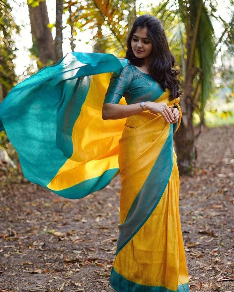 Yellow Sky Blue Soft Lichi Silk Saree With Rich Pallu