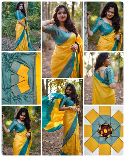 Yellow Sky Blue Soft Lichi Silk Saree With Rich Pallu