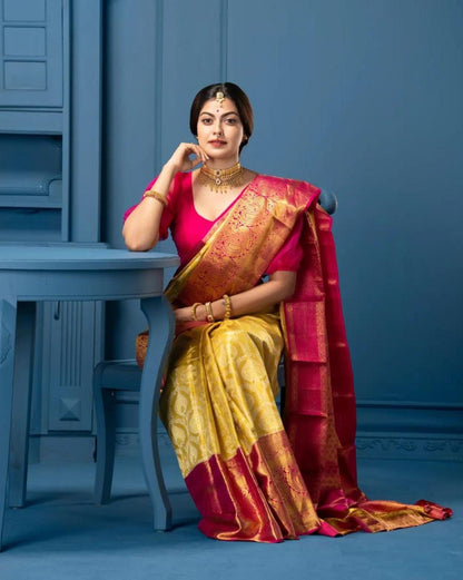 Yellow Pink Soft Lichi Silk Saree With Rich Pallu