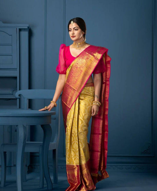 Yellow Pink Soft Lichi Silk Saree With Rich Pallu