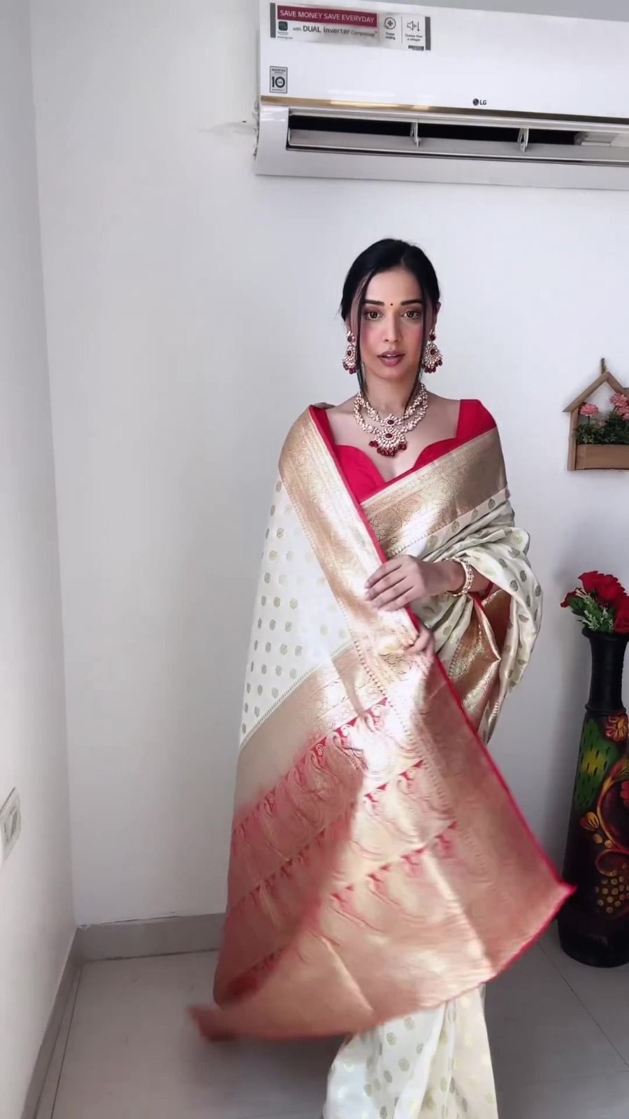 Birch Off-white and Red Zari Woven Kanjivaram Saree With Blouse