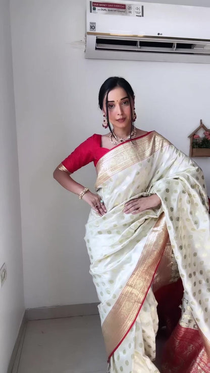 Birch Off-white and Red Zari Woven Kanjivaram Saree With Blouse