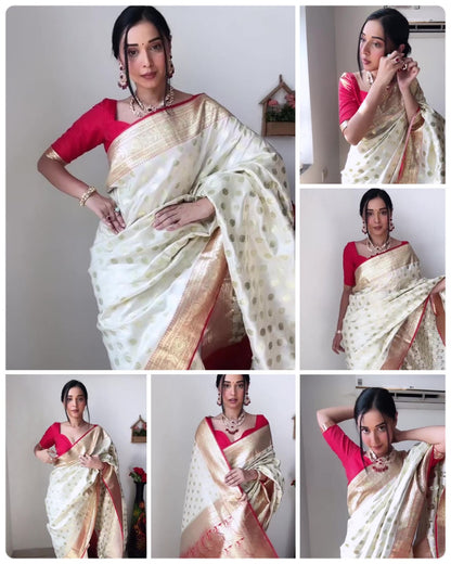 Birch Off-white and Red Zari Woven Kanjivaram Saree With Blouse