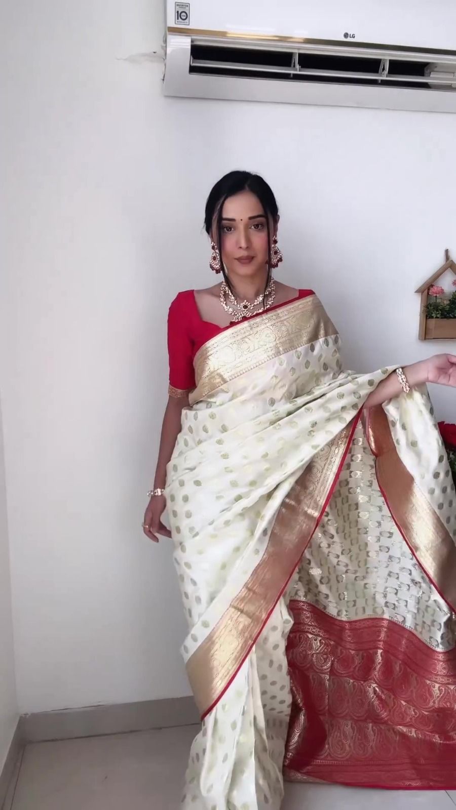 Birch Off-white and Red Zari Woven Kanjivaram Saree With Blouse