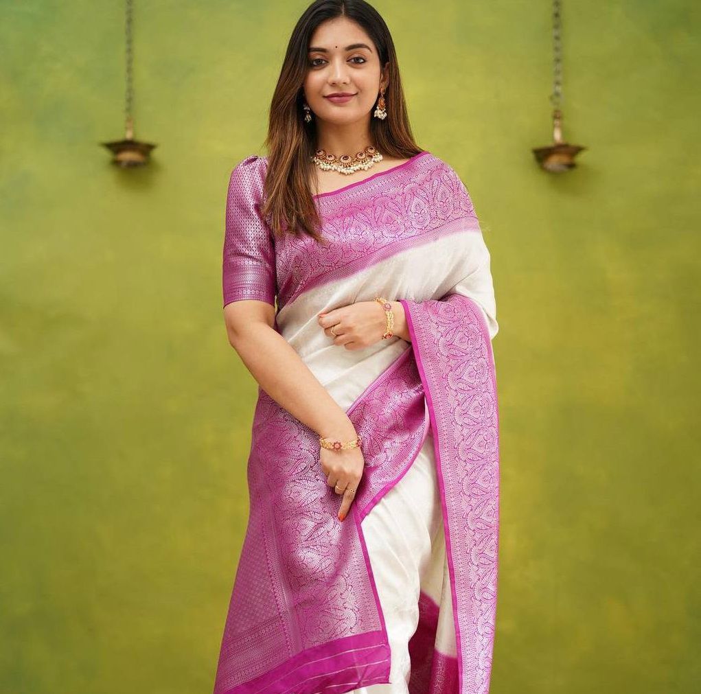 Blush Pink & White Soft Silk Saree With Weaving Work