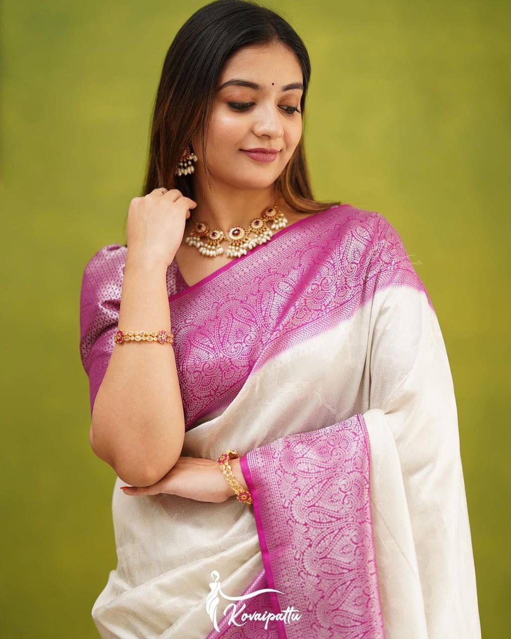 Blush Pink & White Soft Silk Saree With Weaving Work