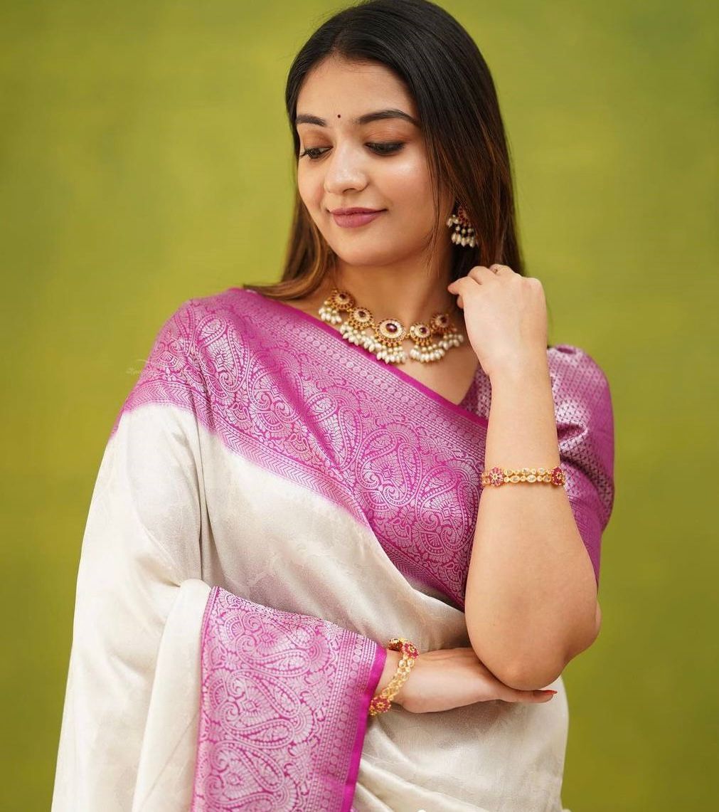 Blush Pink & White Soft Silk Saree With Weaving Work