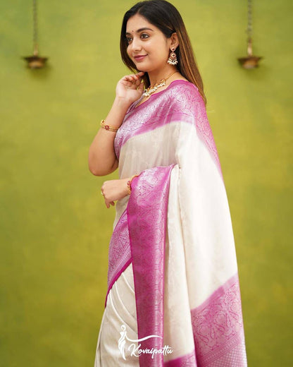 Blush Pink & White Soft Silk Saree With Weaving Work