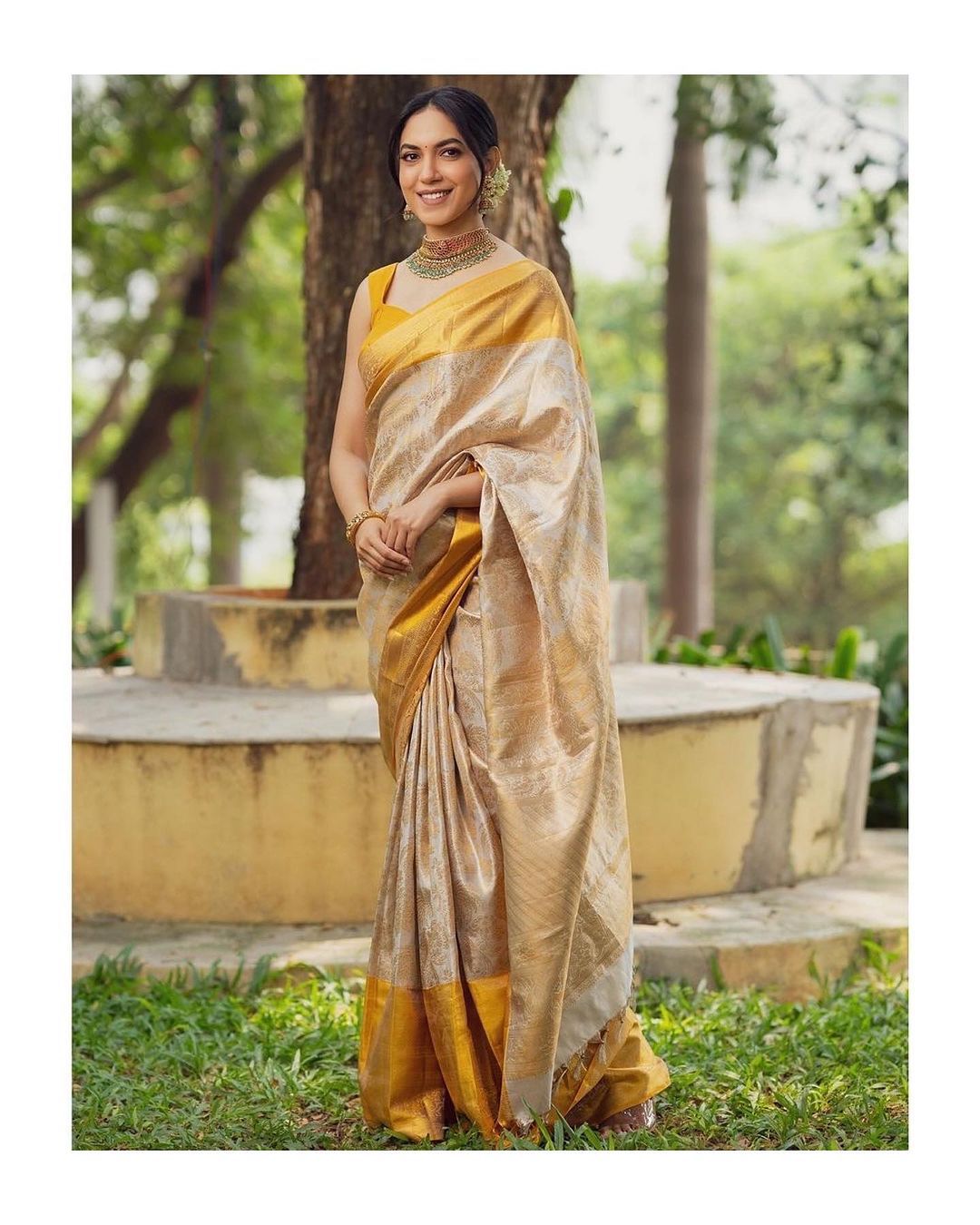 Cream & Yellow Banarasi Soft Silk Saree With Zari Weaving Work