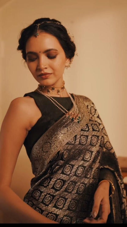 Black Golden Silk Saree With Weaving Border