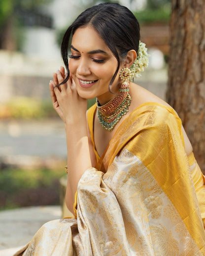 Cream & Yellow Banarasi Soft Silk Saree With Zari Weaving Work