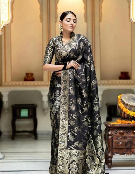 Black Colour Jacquard Border Soft Silk Saree