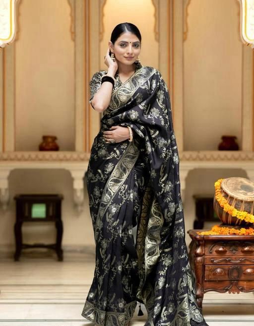 Black Colour Jacquard Border Soft Silk Saree