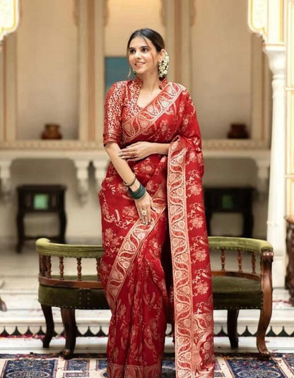 Red Colour Jacquard Border Soft Silk Saree