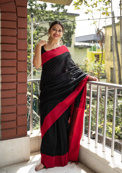 Black Red  Silk Saree With Weaving Border