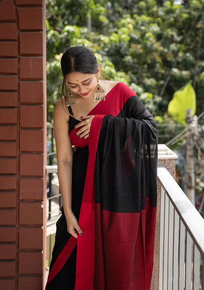 Black Red  Silk Saree With Weaving Border