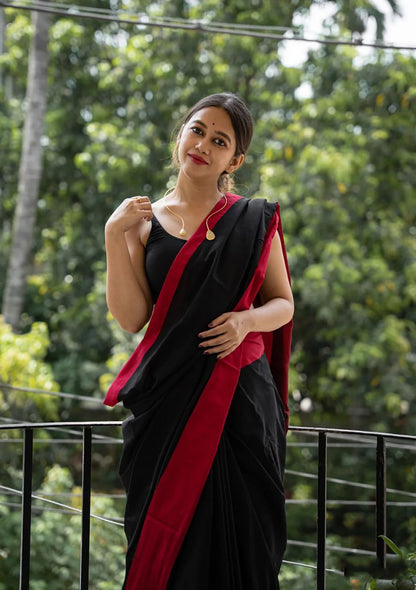 Black Red  Silk Saree With Weaving Border