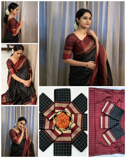 Hot Marron And Black Colour Soft Lichi Silk Saree