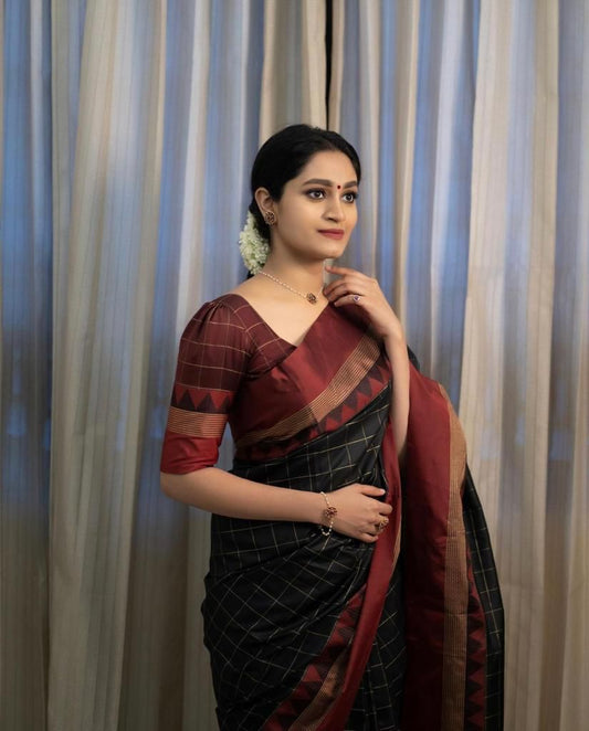 Hot Marron And Black Colour Soft Lichi Silk Saree