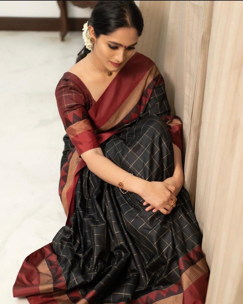 Hot Marron And Black Colour Soft Lichi Silk Saree