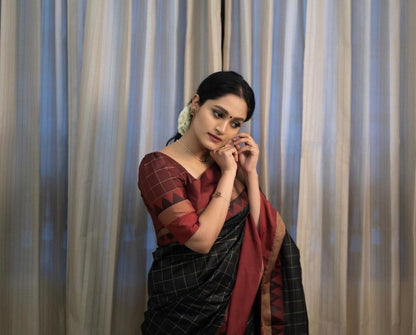 Hot Marron And Black Colour Soft Lichi Silk Saree