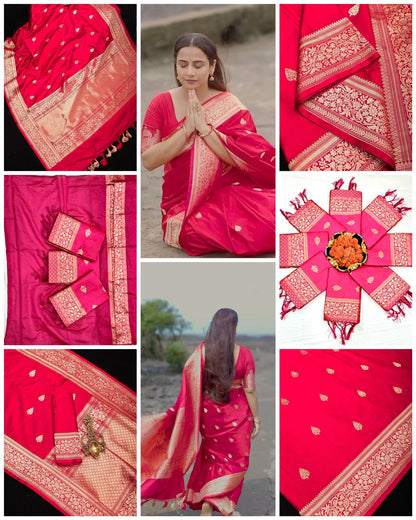 Dark Pink & Golden Kanjivaram Wedding Saree With Blouse