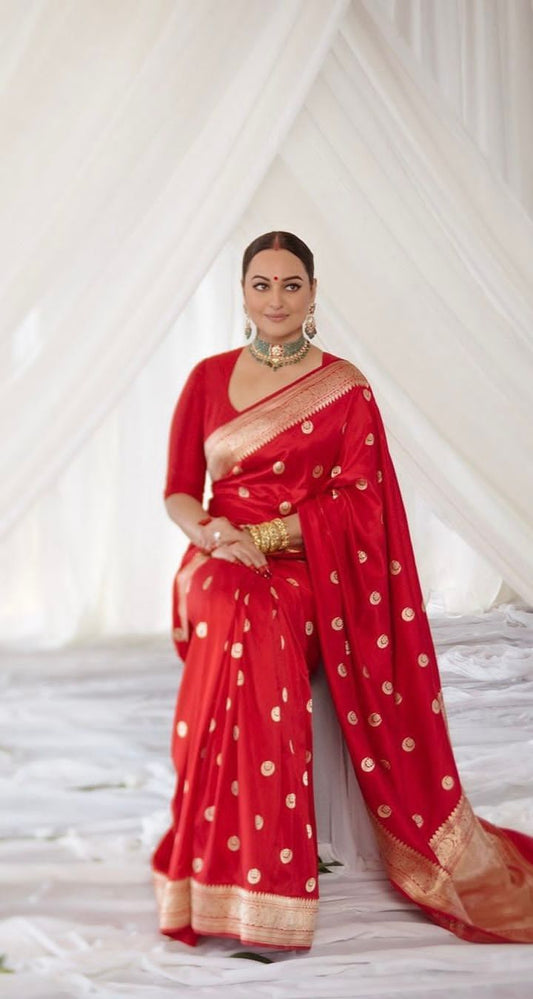 Neon Red Silk Saree With Weaving Work